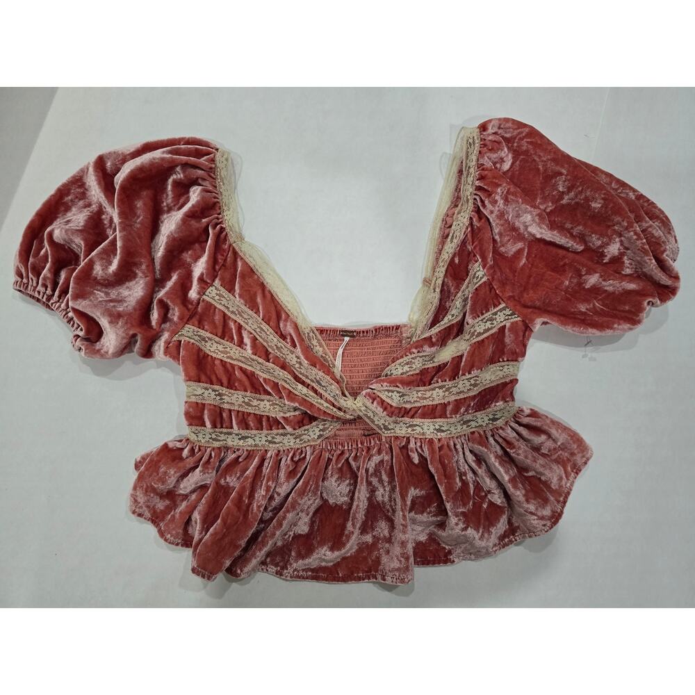 Free People Yours Truly Velvet Top Womens Small Mauve Lace Puff Sleeve Boho - Picture 13 of 16
